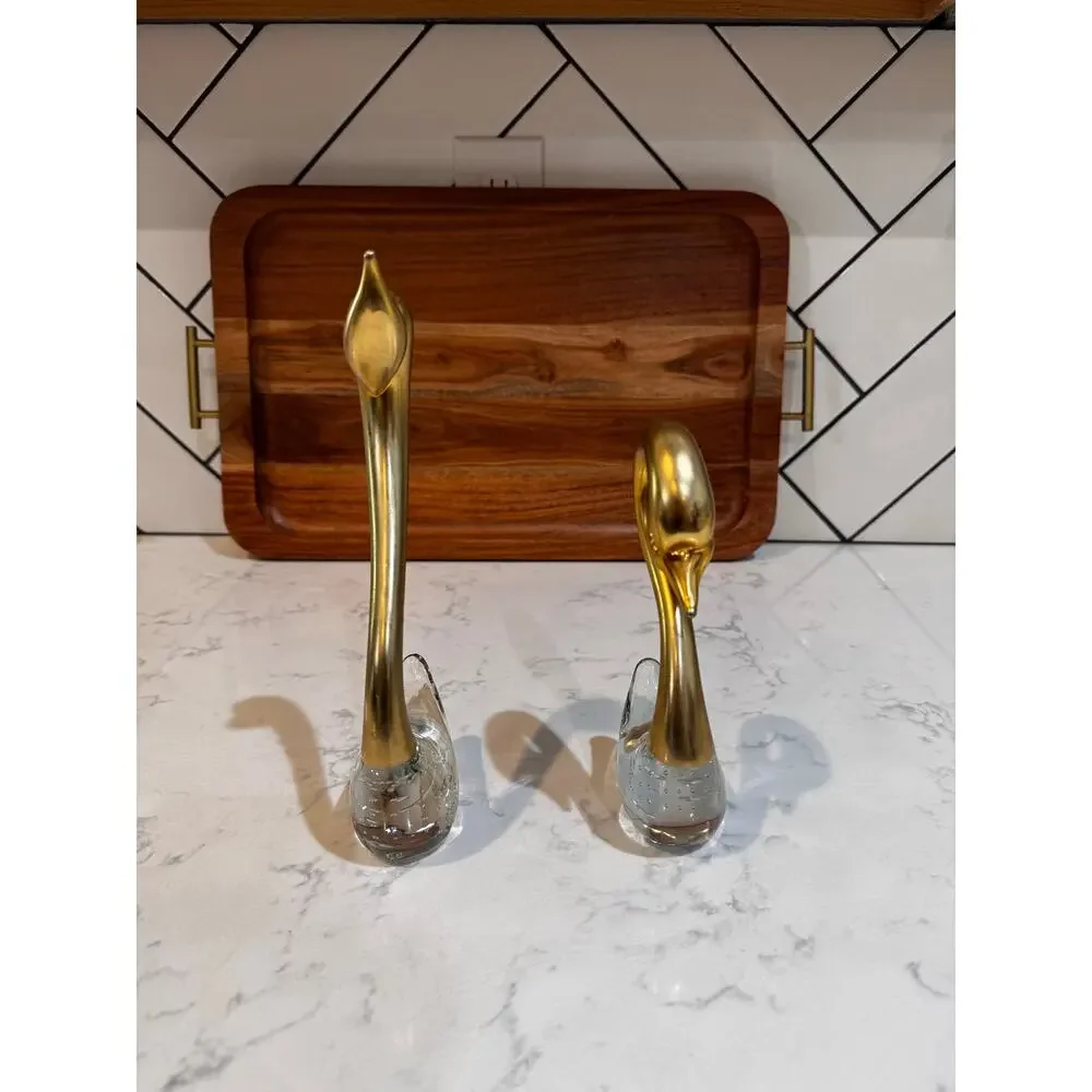 vintage Penco Mid Century Modern brass glass swan figurines bubble-glass base